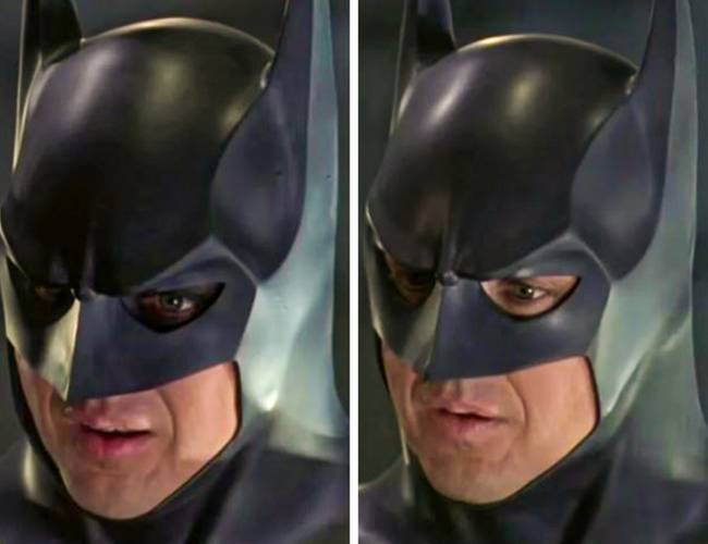 A Batman visszatér című filmben az egyik jelenetben Batman szeme körül egy pillanatra eltűnik a kontrasztot csökkentő fekete smink, majd újra megjelenik.