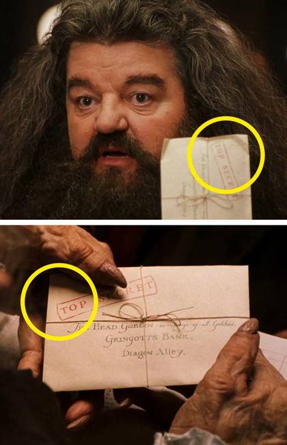 A Hagrid zsebében összegyűrt boríték a kobold kezében azonnal kisimul.