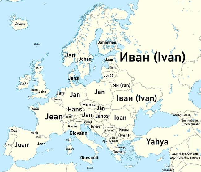 A legnépszerűbb európai férfi név, vagyis a John variációi a különböző országokban.