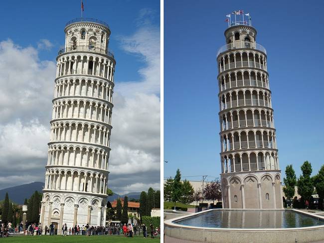 Pisa ferde tornya (Olaszország) és egy víztorony az amerikai Niles városában.