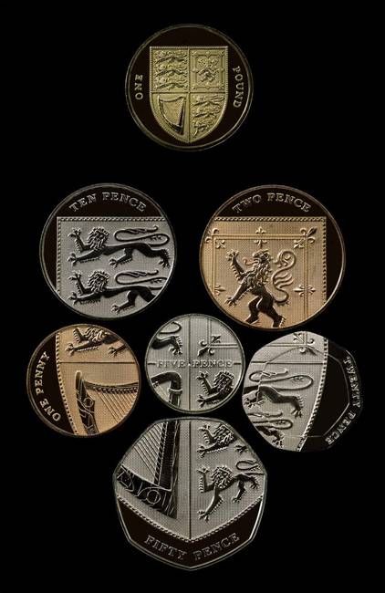 1, 2, 5, 10, 20 és 50 penny-s az Egyesült Királyságból.