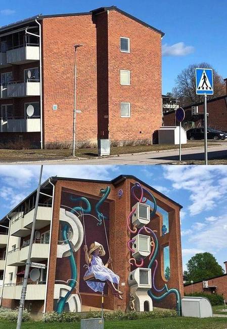 Egy épület tűzfala a graffiti előtt és után.