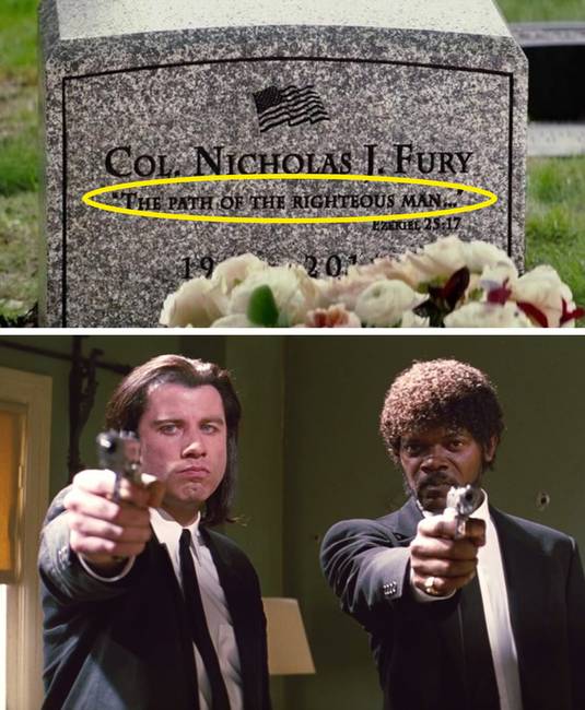 Az Amerika Kapitányban Nick Fury sírkövére azt a feliratot vésték, hogy „az igaz ember útja”. Ez egy szó szerinti idézet a Ponyvaregény című filmből, ami csak azért érdekes, mert mindkét szerepet Samuel L. Jackson játszotta.