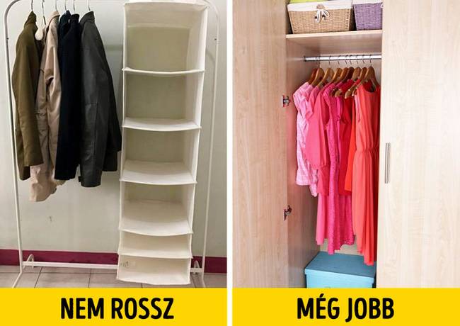 Nyitott akasztókon tárolt ruhák.