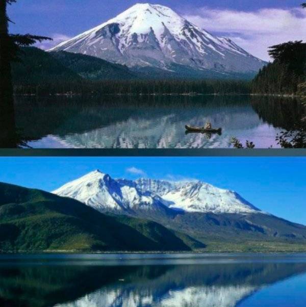 A Mt. St Helens az 1980-as kitörés előtt és után.