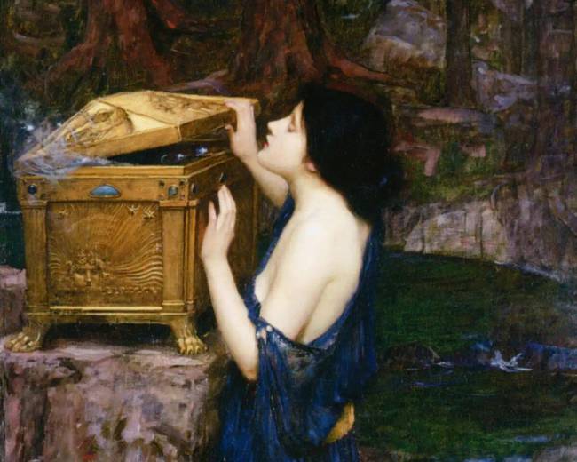 Részlet John William Waterhouse "Pandora kinyitja a szelencét" című festményéből.