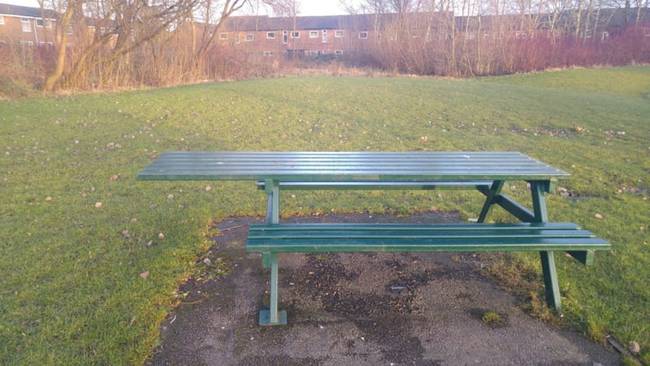 Egy piknikező asztal, melynek megtervezésénél gondoltak a kerekesszékesekre is.