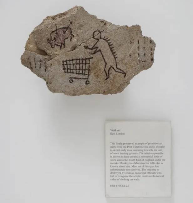 2005-ben Banksy egy sziklafestményt rejtetett el a British Múzeumban. Néhány nappal később megtalálták, és kiállították a múzeumban.