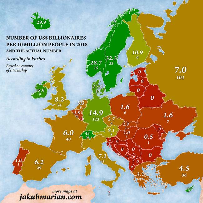 A 10 millió lakosra jutó dollármilliárdosok száma az európai országokban.