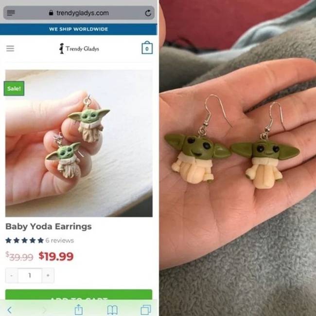 „Ezek a bébi-Yoda fülbevalók kissé másképp néznek ki, mint a képeken."