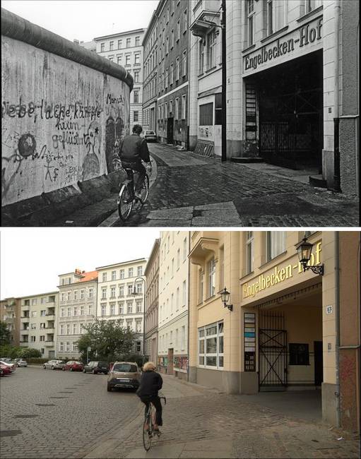 Kerékpárosok Berlin Kreuzberg nevű városrészében 1985-ben és 2018-ban. A berlini fal látványa sokat ront az összhatáson.