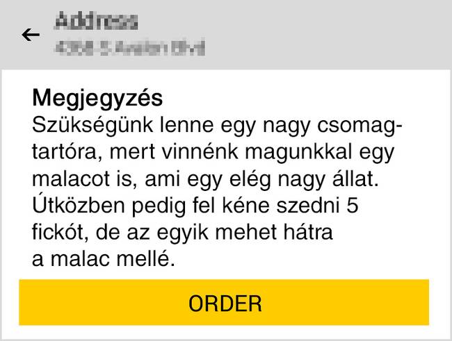 Csak egy Über rendelés. Reméljük, hogy a sofőr elolvasta a megjegyzést, mielőtt vakon útnak indult a fuvarért.