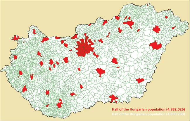 Magyarország teljes lakosságának a fele a pirossal jelzett területeken él.