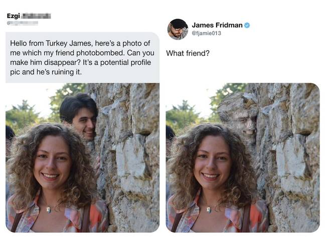 „Itt van egy fotó, de a barátom tönkretette. El tudnád őt tüntetni?"