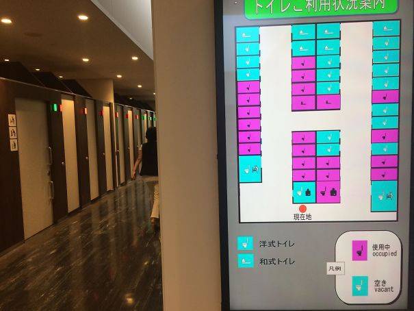 Ennek a japán plázának a mellékhelységében egy digitális panel mutatja, hogy mely WC-k foglaltak.