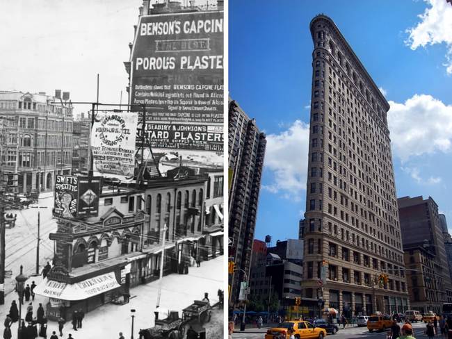 A Broadway, az Ötödik sugárút és az East 23rd Street találkozása New York-ban a Flatiron épület előtt és után.