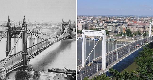 A budapesti Erzsébet-híd az újjáépítése előtt és után.