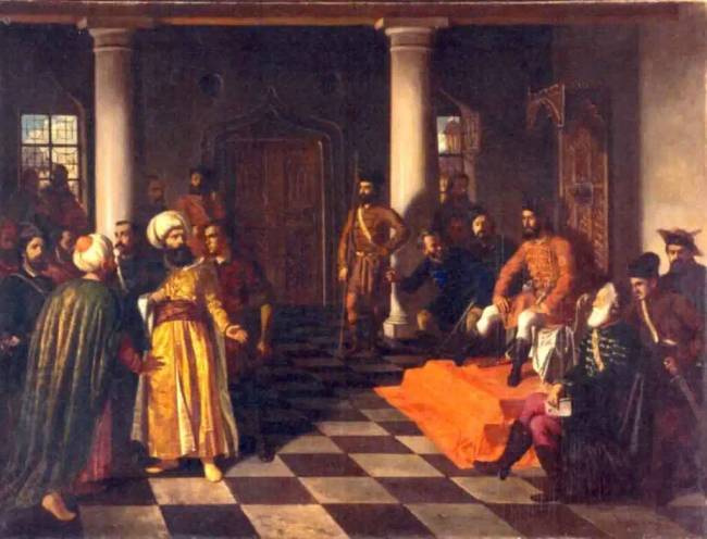Vlad Tepes és török nagykövetek T. Aman festményén.