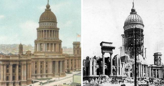 San Francisco régi városháza az 1906-os földrengés előtt és után.