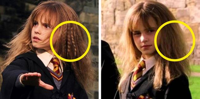 A jelenetben, amikor a gyerekek megtanulják kezelni a seprűt, Hermione haja rejtélyesen kiegyenesedik.