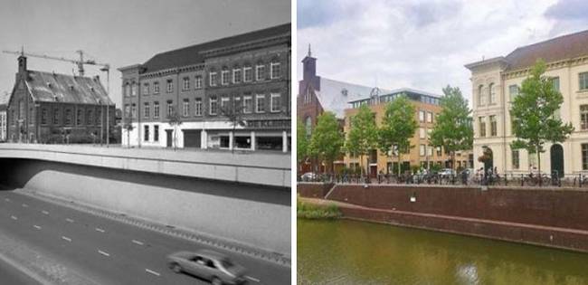 Utrecht, Hollandia 1982-ben és 2020-ban: csatornává változtatták a régi autópályát.