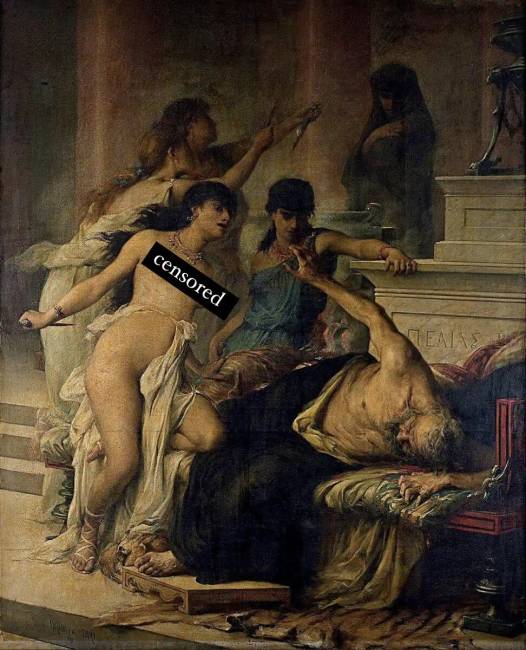 Georges Moreau de Tours festménye, „Peliász meggyilkolása saját lányai által” (1878), amelyen a megtévesztett lányok éppen „megfiatalítani” készülnek a szerencsétlen öregembert. A háttérből Médea vészjóslóan figyeli az eseményeket.