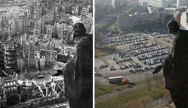 Végezetül: Drezda a második világháború végén és most.