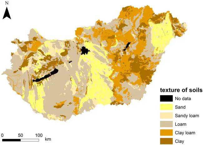 Az 1991-es AGROTOPO agrotopográfiai térkép alapján elfogadott fizikai talajféleségek Magyarországon. © Researchgate.net