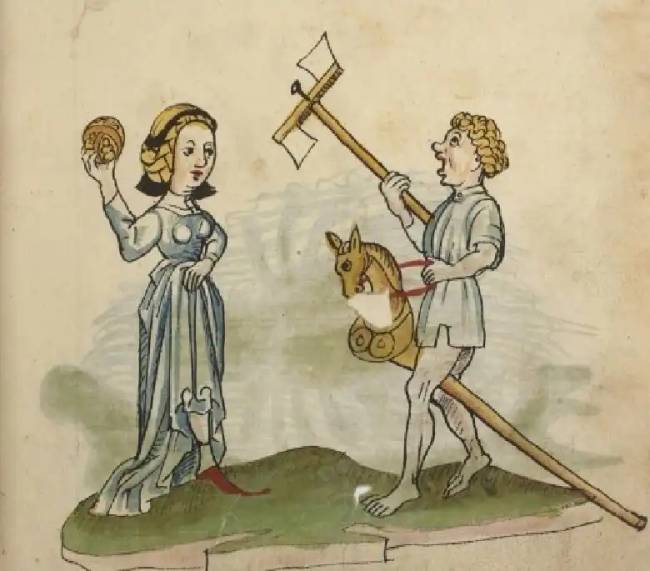 Középkori illusztráció lóval és labdával játszó gyerekekről, 1484-1486.