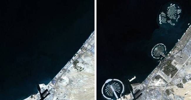 Dubaj műholdképe a mesterséges szigetek létrehozása előtt és után - 2001 és 2012.