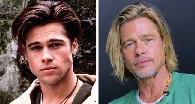 Brad Pitt a karrierjét beindító "Glory Days" (1990) című sorozat egyik jelenetében, és egy másik képen, 2020-ban.