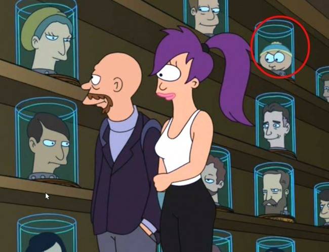 A Futurama című animációs sorozat ezen jelenetében a South Park animációs sorozatból megismert Eric Cartman feje látható az egyik üvegben.