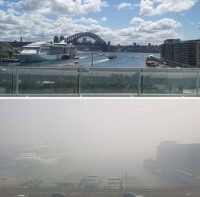 Sydney, mielőtt megérkezett volna az erdőtüzek füstje vs. utána.