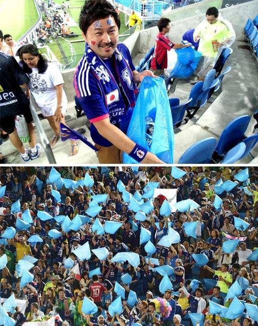 A japán szurkolók ott maradtak meccs után a 2014-es labdarúgó világbajnokságon, hogy segítsenek összeszedni a szemetet...😄