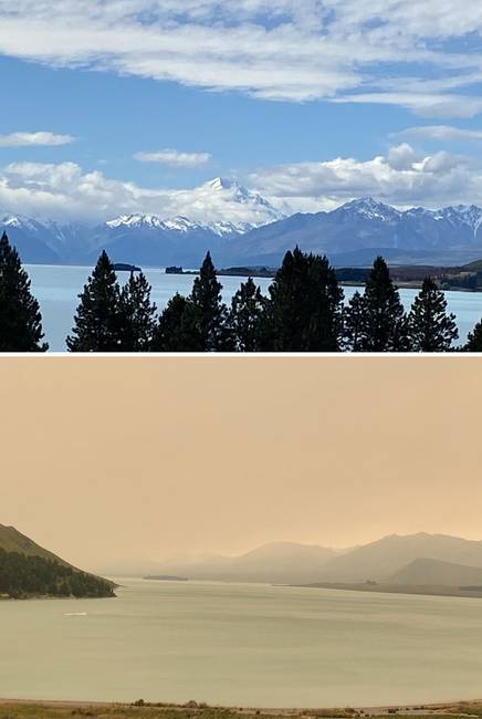 Az ausztráliai erdőtüzek füstje Új-Zélandot sem kímélte: a Mount Cook hegységet például látni sem lehet a füsttől.