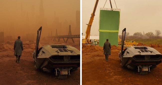 A "Szárnyas fejvadász 2049" (2017) film forgatása: vizuális effektusok használata előtt és után.