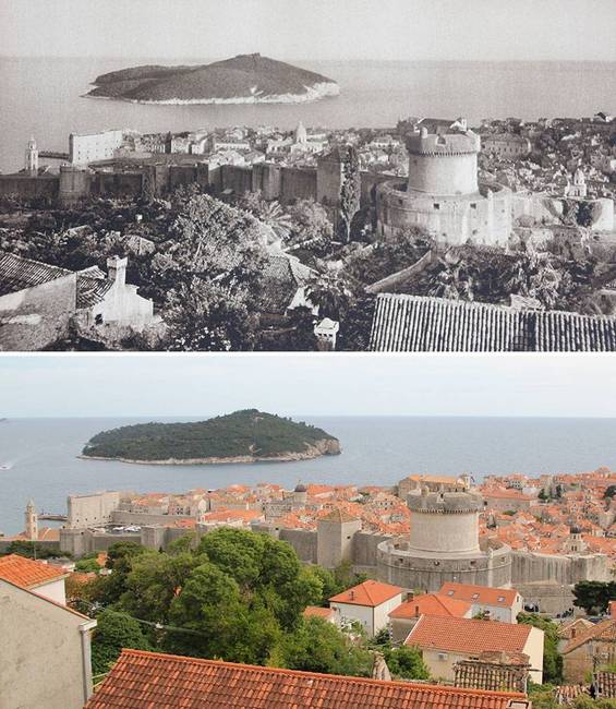 A horvátországi Dubrovnik és a mellette található Lokrum-sziget, 1926-ban és 2019-ben.