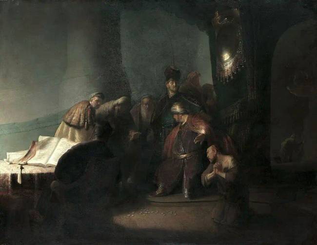 Júdás visszaadja a főpapoknak a 30 ezüstöt (Rembrandt, 1629).