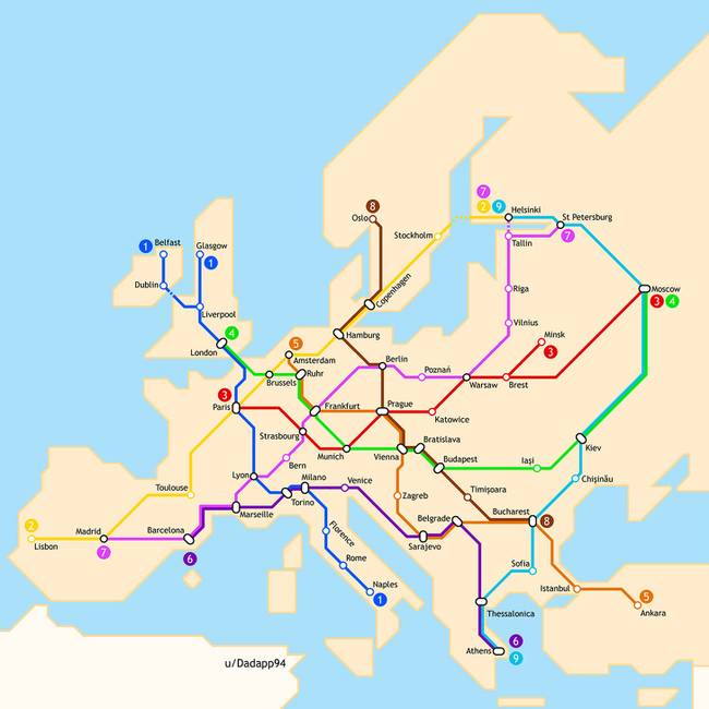 Így nézne ki, ha az országok úgy döntenének, hogy egy egész Európát behálózó metrórendszert építenek.