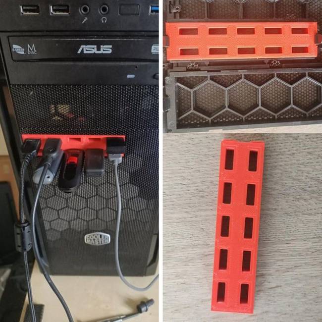 „A könnyebb használhatóság érdekében egy kis tárolót hoztam létre a rendszeresen használt USB kábeleknek. Jól illeszkedik a számítógéphez, és levehető."