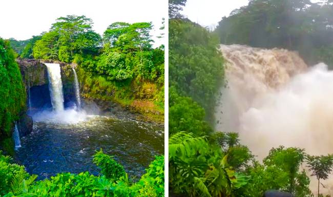 Vízesés normál állapotban vs. vízesés hurrikán idején.