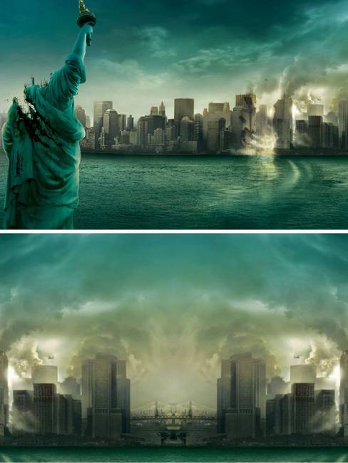 A Cloverfield (2008) című film plakátjának jobboldalának tükrözésével egy olyan sziluettet kapunk, ami nagyon hasonlít a film végén bemutatott szörnyhöz.