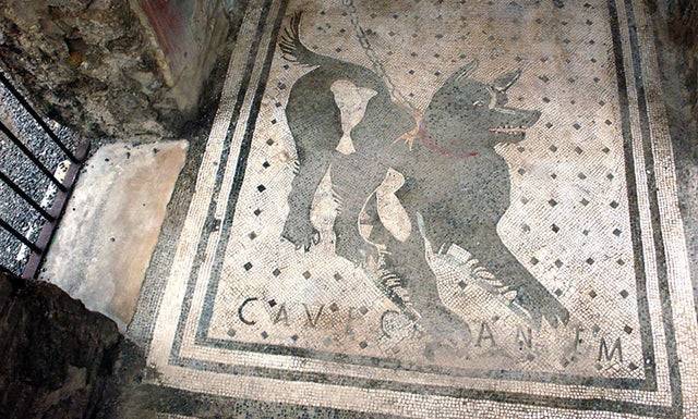 Egy ősi "Vigyázz, a kutya harap!" figyelmeztetés, 2000 évvel ezelőttről. Egy római költő háza előtt találták Pompejiban.