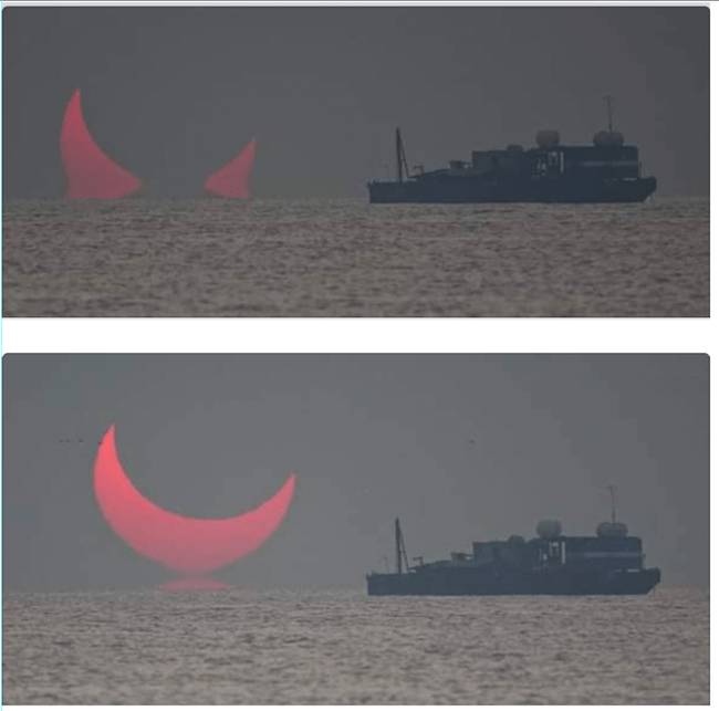 Ez nem Photoshop. December 26-án a napfogyatkozás közben tényleg megjelent ez az ördögi fény a horizonton.