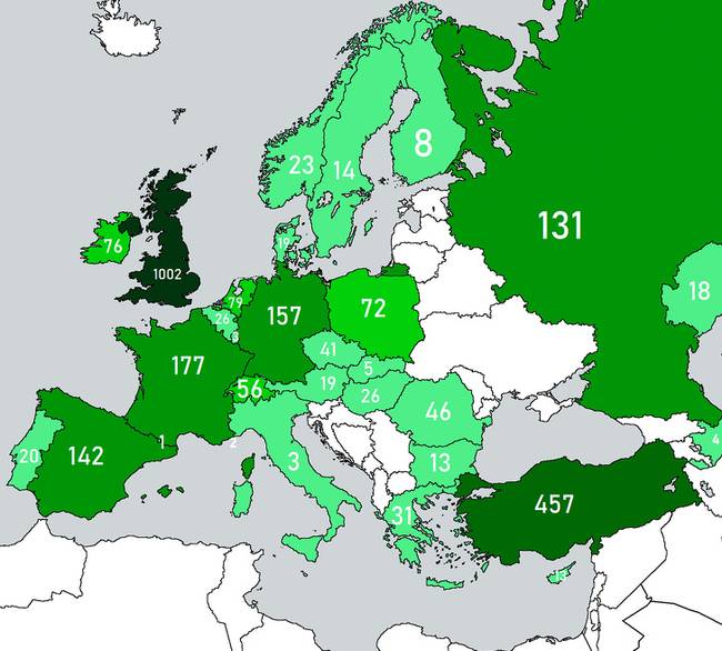 Starbucks kávézók számra az európai országokban 2019-ben.