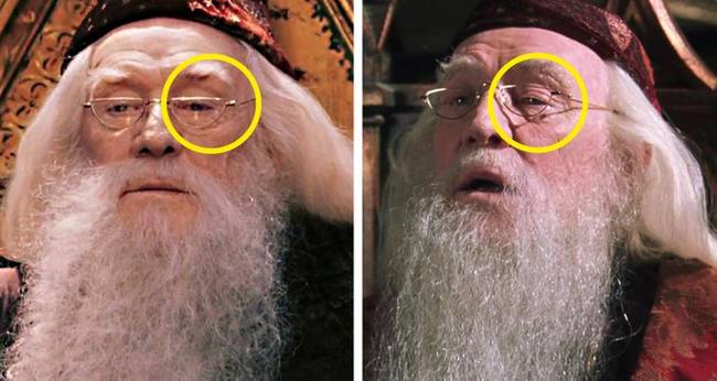 A sorozat második részében Dumbledore szemüvegéből kivették a lencséket, hogy ne tükröződjön rajtuk a kamera.