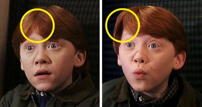 Ron frizurája jelenetről-jelenetre változik, amikor találkozik Potterrel a Roxfort Expresszen.