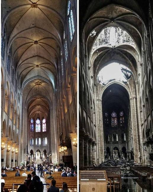 Notre Dame-székesegyház a tűz előtt és után.