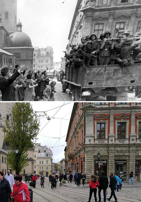 Az ukrán Lviv város lakói üdvözlik a német katonákat.