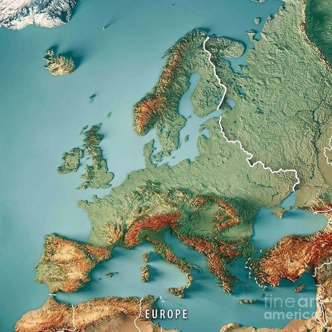 Európa 3D-s topográfiai térképe.